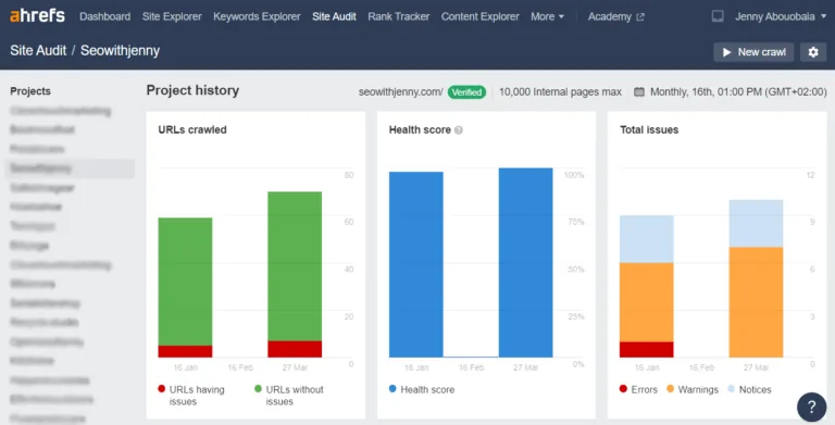 在 Ahrefs 的 Site Audit 中运行抓取