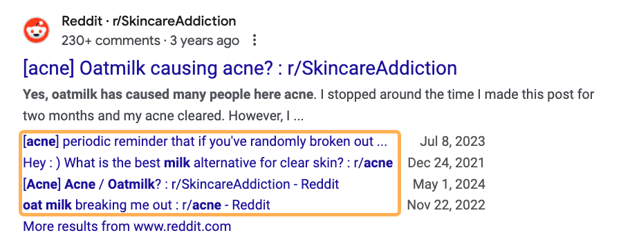 Google 搜索结果示例，展示 Reddit 以及多人如何以不同方式提出同一问题。