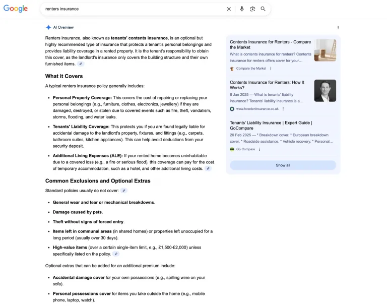 Google 上“renters insurance”的搜索结果页面，显示 AI Overview，详细解释了承保类型，包括 Personal Property Coverage（个人财产保险）、Tenants' Liability Coverage（租户责任保险）和 Additional Living Expenses（额外生活费用），还列出了常见除外责任和可选附加项。