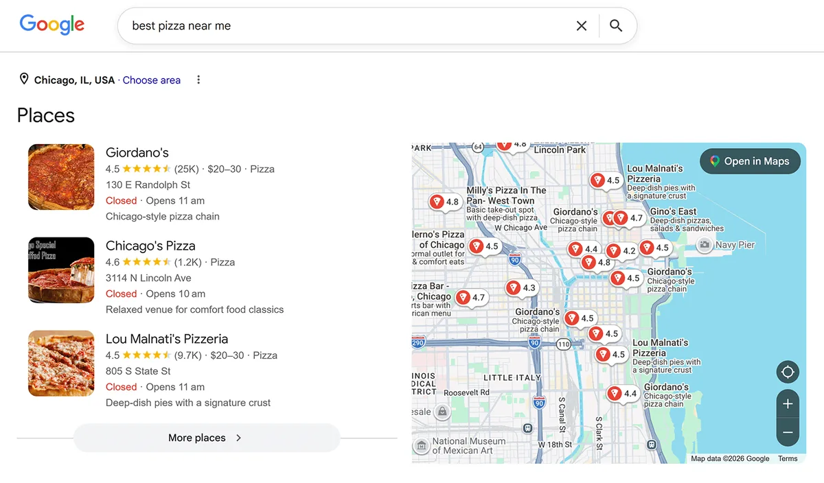 “best pizza near me”的 Google 本地包结果,展示芝加哥披萨餐厅和地图商家列表