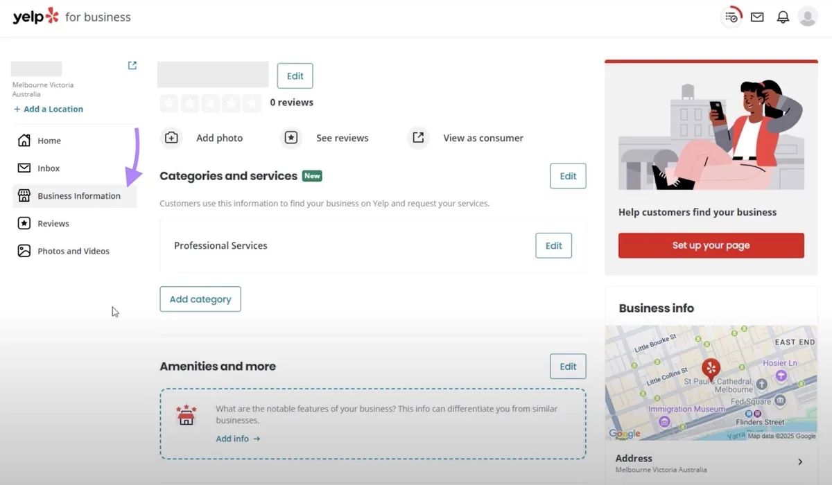 Yelp 上的商家信息窗口,提供更新地址、营业时间和服务等详情的选项。