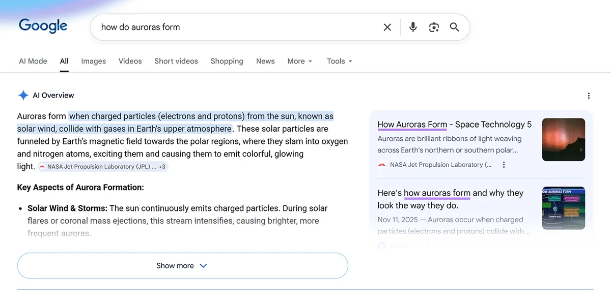 Google AI 概览，引用卡片中的页面标题已高亮显示。