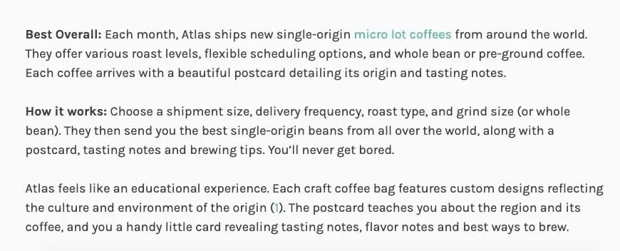 Homegrounds 主页的一个版块,说明他们为何认为 Atlas Coffee Club 很棒。