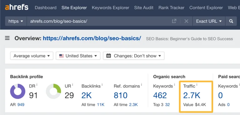 在 Ahrefs Site Explorer 中检查页面的预估搜索流量