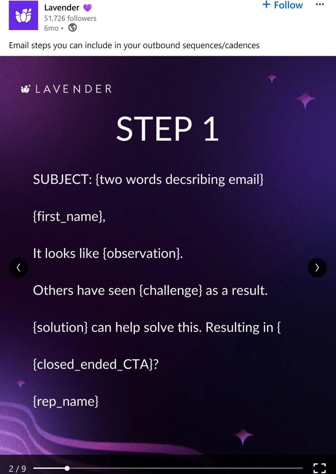 Lavender 的 LinkedIn 帖子展示了一个邮件模板，背景为深紫色。