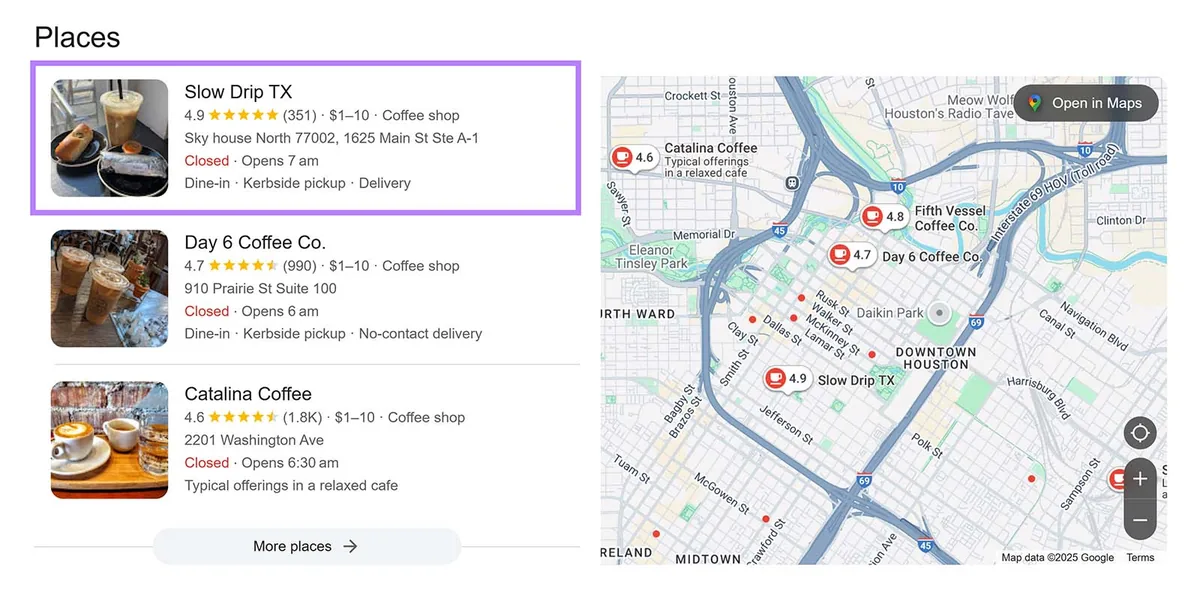 Google 3 结果包展示休斯顿咖啡店列表