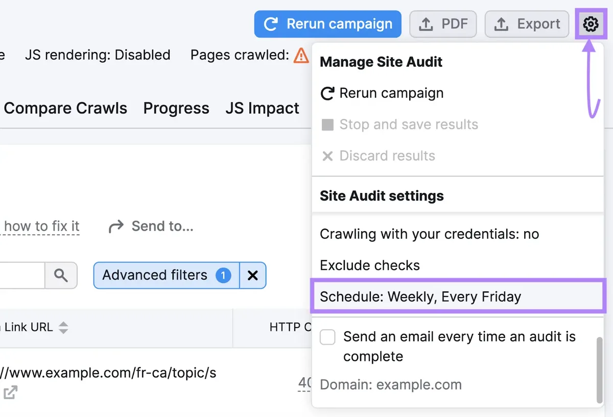 在“Site Audit settings”下拉菜单下选中的“Schedule: Weekly, Every Friday”