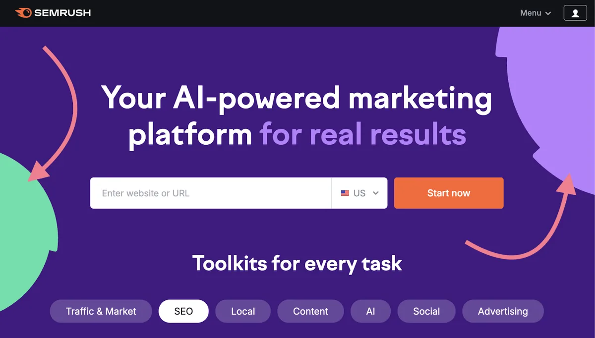 Semrush 首页上出现彩色的齿轮图标。