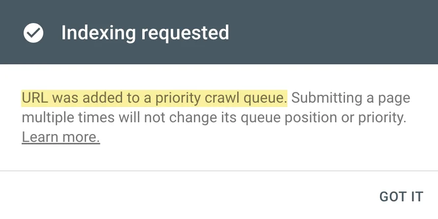 Google Search Console 中的“已请求编入索引”提示