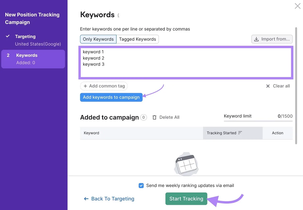 Position Tracking 工具的关键词设置,已输入要添加到活动的关键词并点击了“Start Tracking”。
