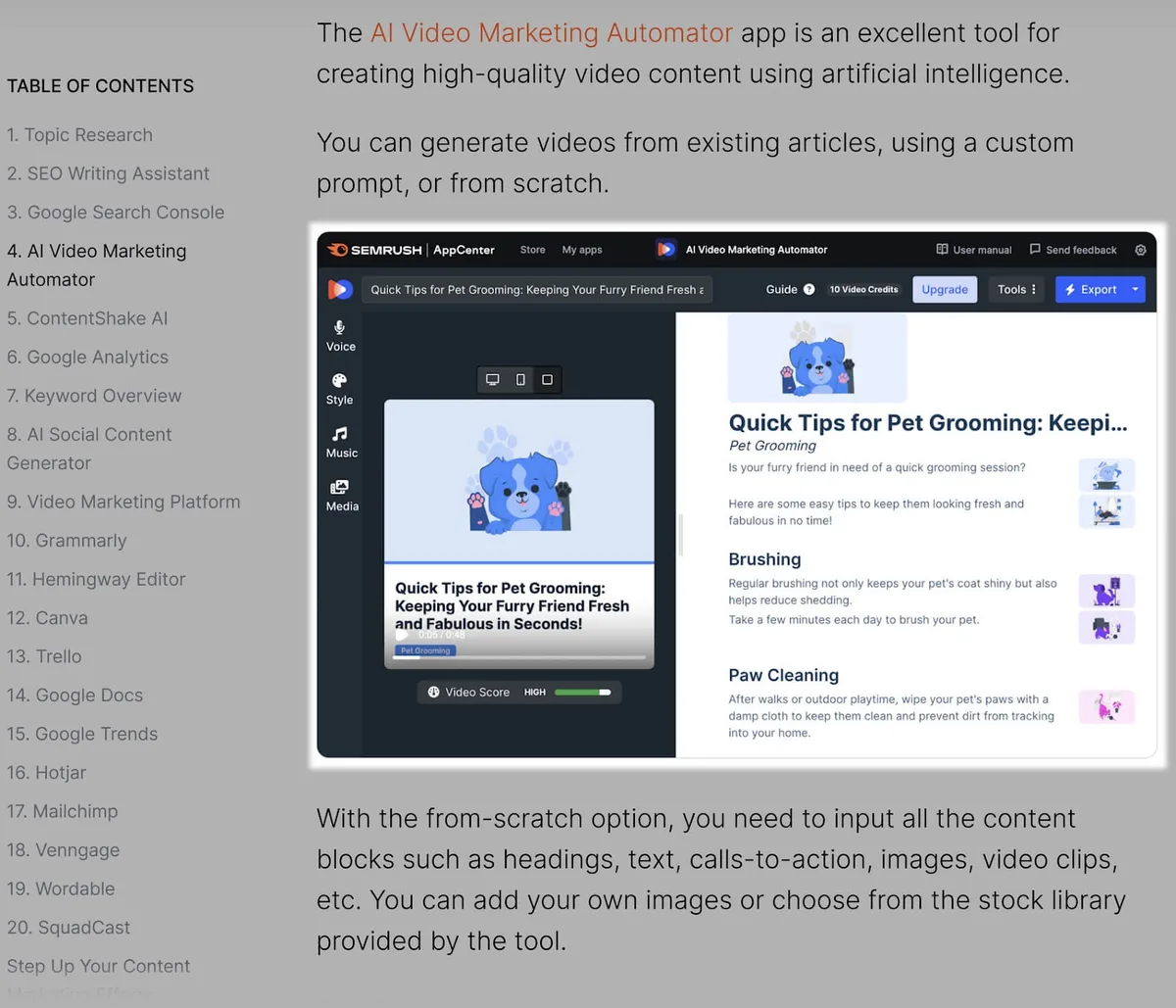 博客板块以高亮方式展示 AI Video Marketing Automator 应用界面的截图。