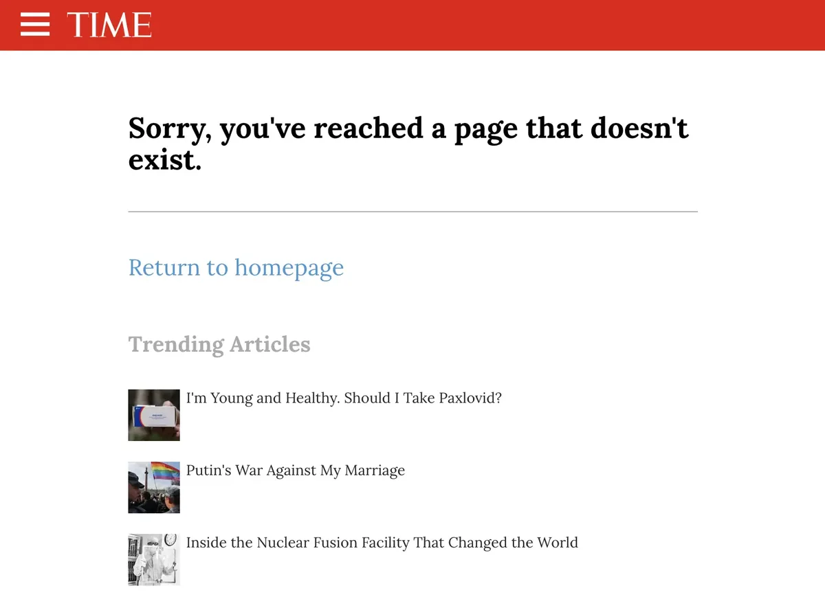 TIME Magazine 上的“抱歉,你访问的页面不存在。”消息