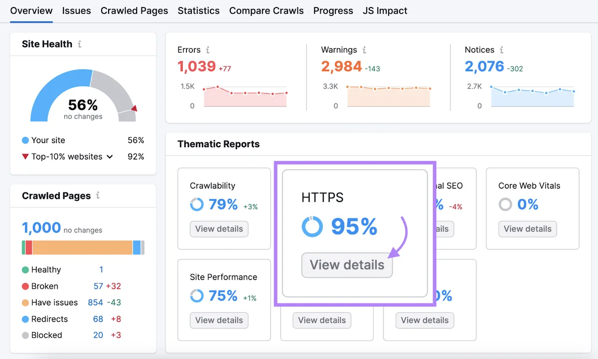 Site Audit 概览报告“主题报告”版块下高亮显示的“HTTPS”小组件