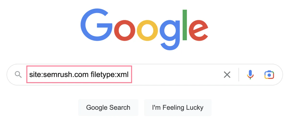 Google 中的搜索运算符形如“site:semrush.com filetype:xml”
