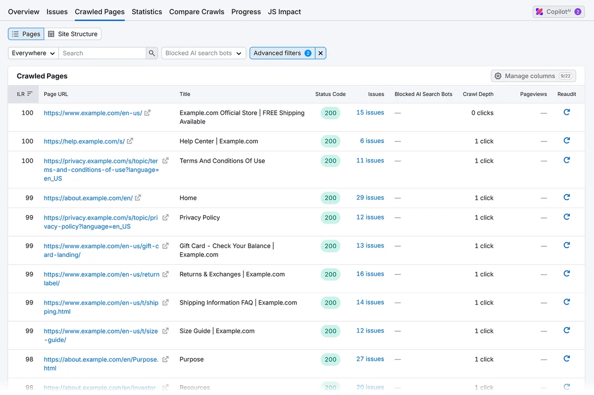Semrush 已抓取页面报告,列出站点审计的 URL、状态码、问题和页面指标。