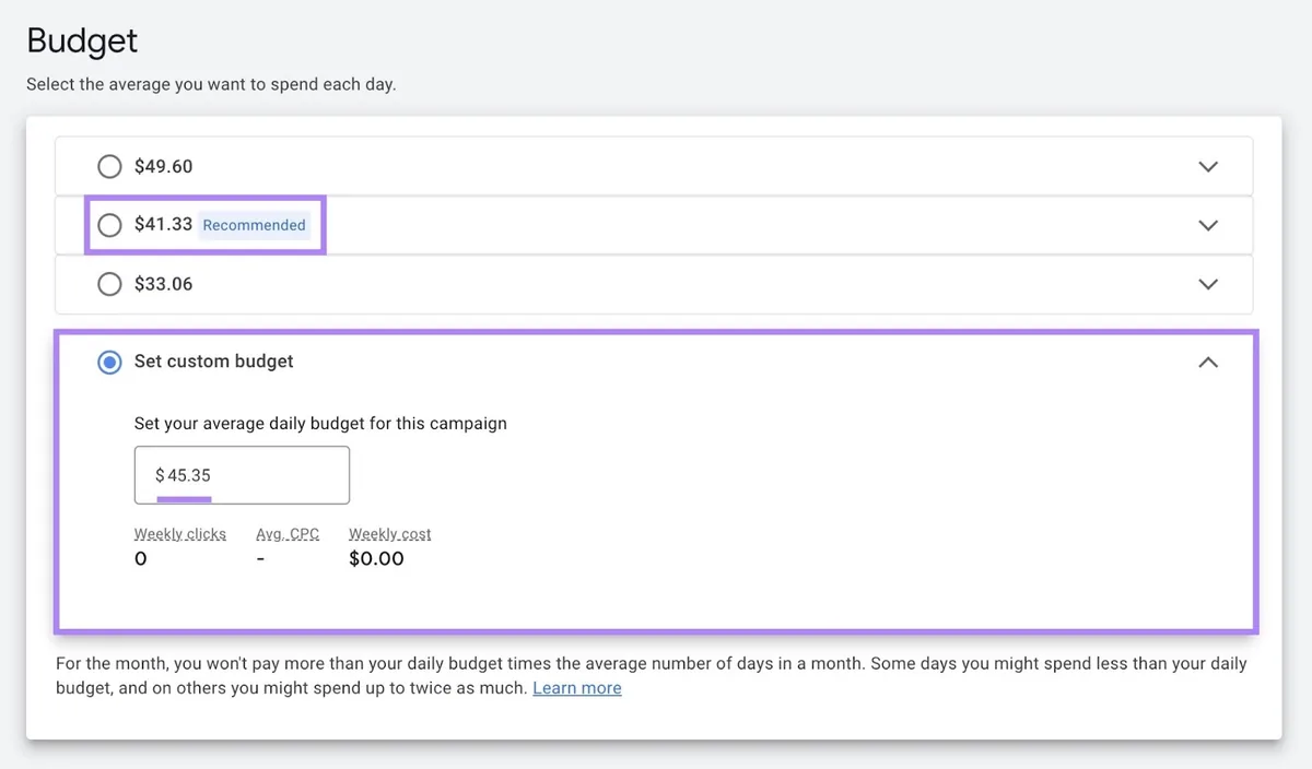 Google Ads 的预算设置,已打开“Set custom budget”下拉菜单并输入广告系列的平均每日预算。