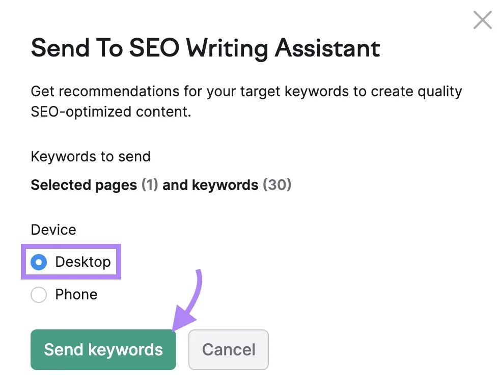 “Send to SEO Writing Assistant”设置,将设备选为“Desktop”并点击了“Send keywords”。