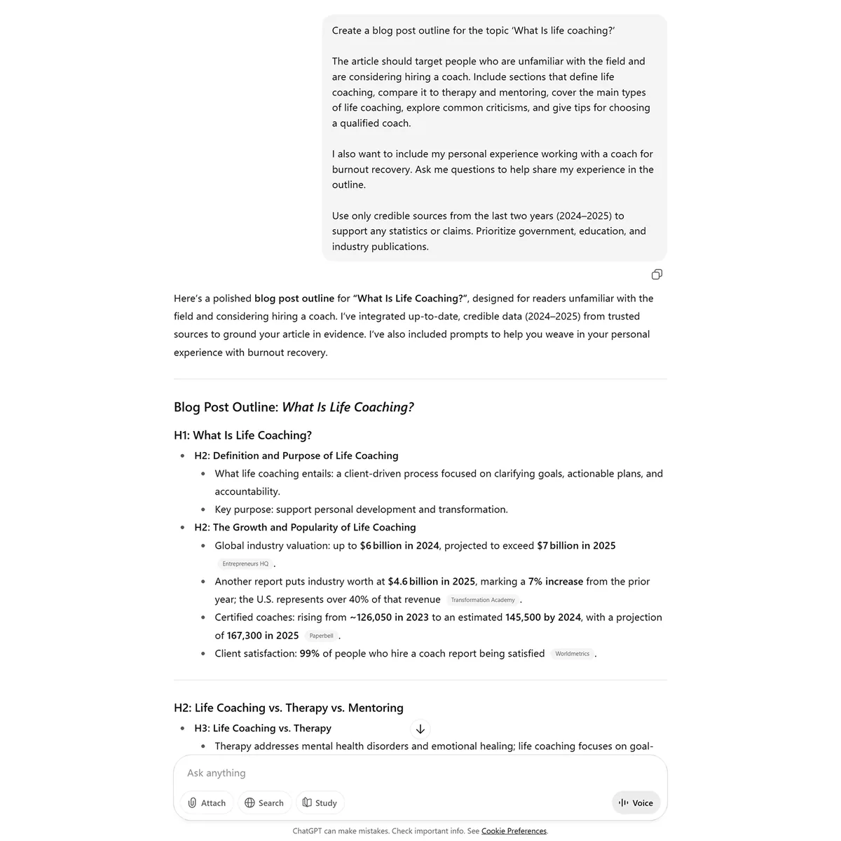 ChatGPT 为“What is Life Coaching?”生成博客文章大纲,包含板块、数据和关键要点