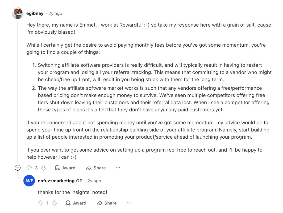 Rewardful 的 CEO 在联盟营销 subreddit 中用有用的见解回复另一位用户的帖子。