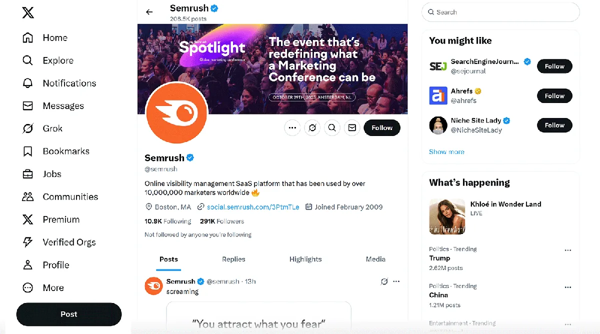 Semrush 在 X 上的个人资料,有 291K 粉丝,横幅宣传其阿姆斯特丹 Spotlight 营销大会。