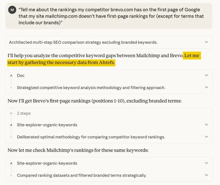 一份分析 Mailchimp 与 Brevo SEO 排名计划的截图，提到排除品牌词并使用 Ahrefs 数据