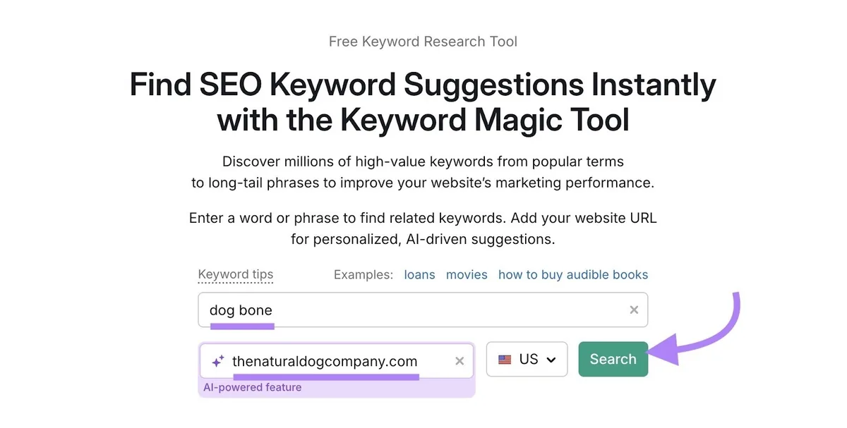 Keyword Magic Tool,已输入关键词“dog bone”,添加了域名,并点击“Search”。