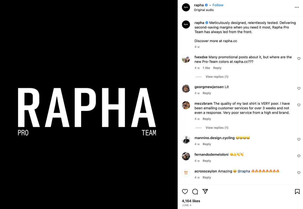 骑行品牌 Rapha 的自然 Instagram 帖子示例,包含点赞和评论区