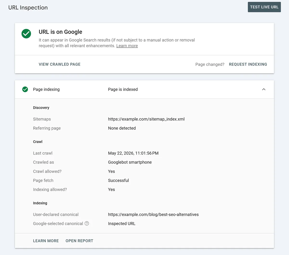 Google Search Console“网址检查”报告,显示页面已编入索引并存在于 Google 上