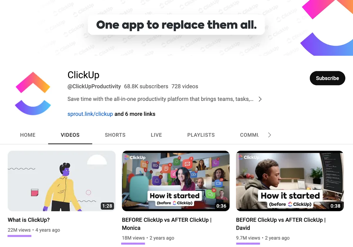 ClickUp 的 YouTube 页面
