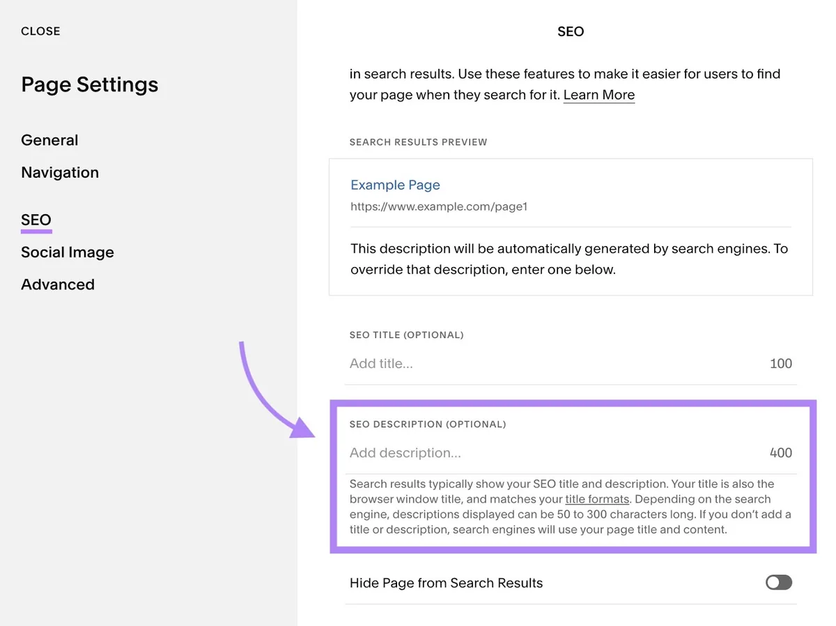 Squarespace 上的 SEO Settings,突出显示用于输入元描述的输入框。