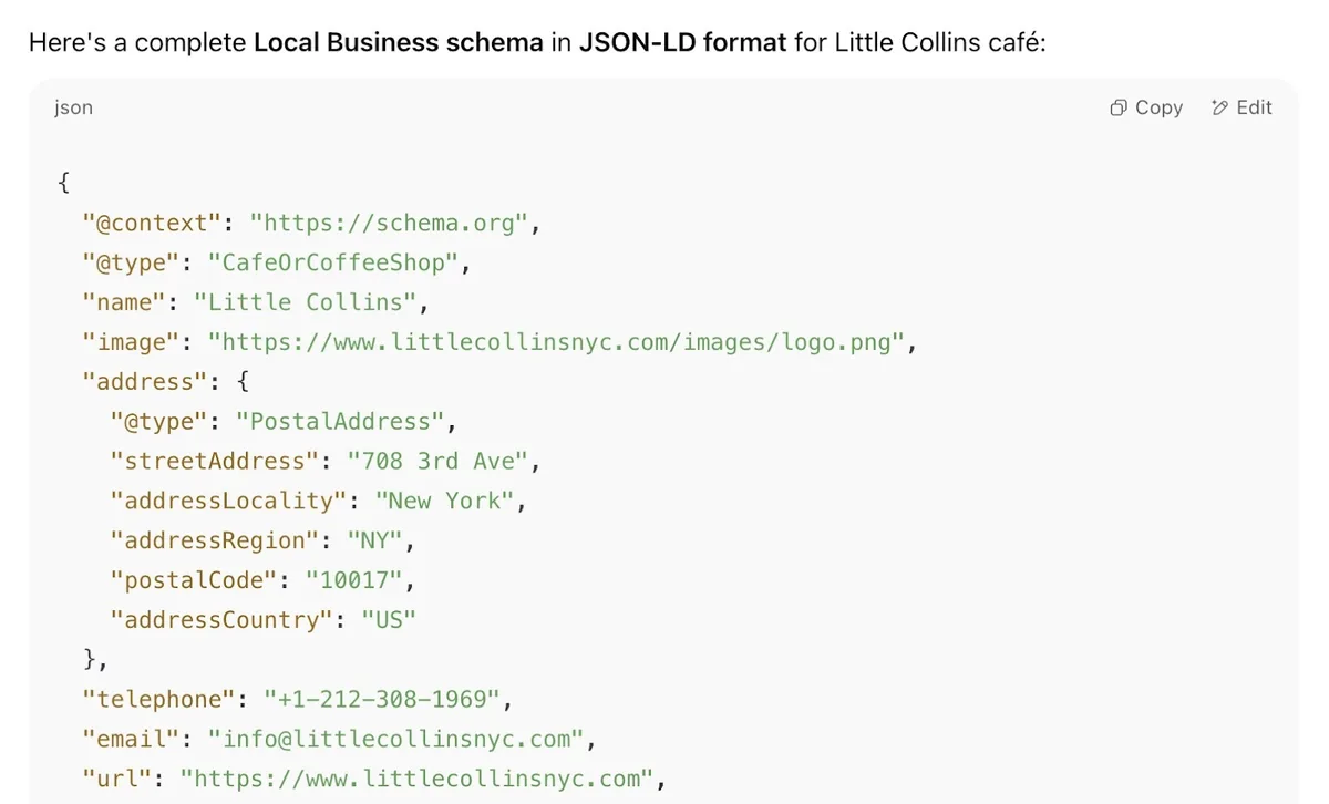 用 ChatGPT 以 JSON-LD 格式生成的本地商家 schema
