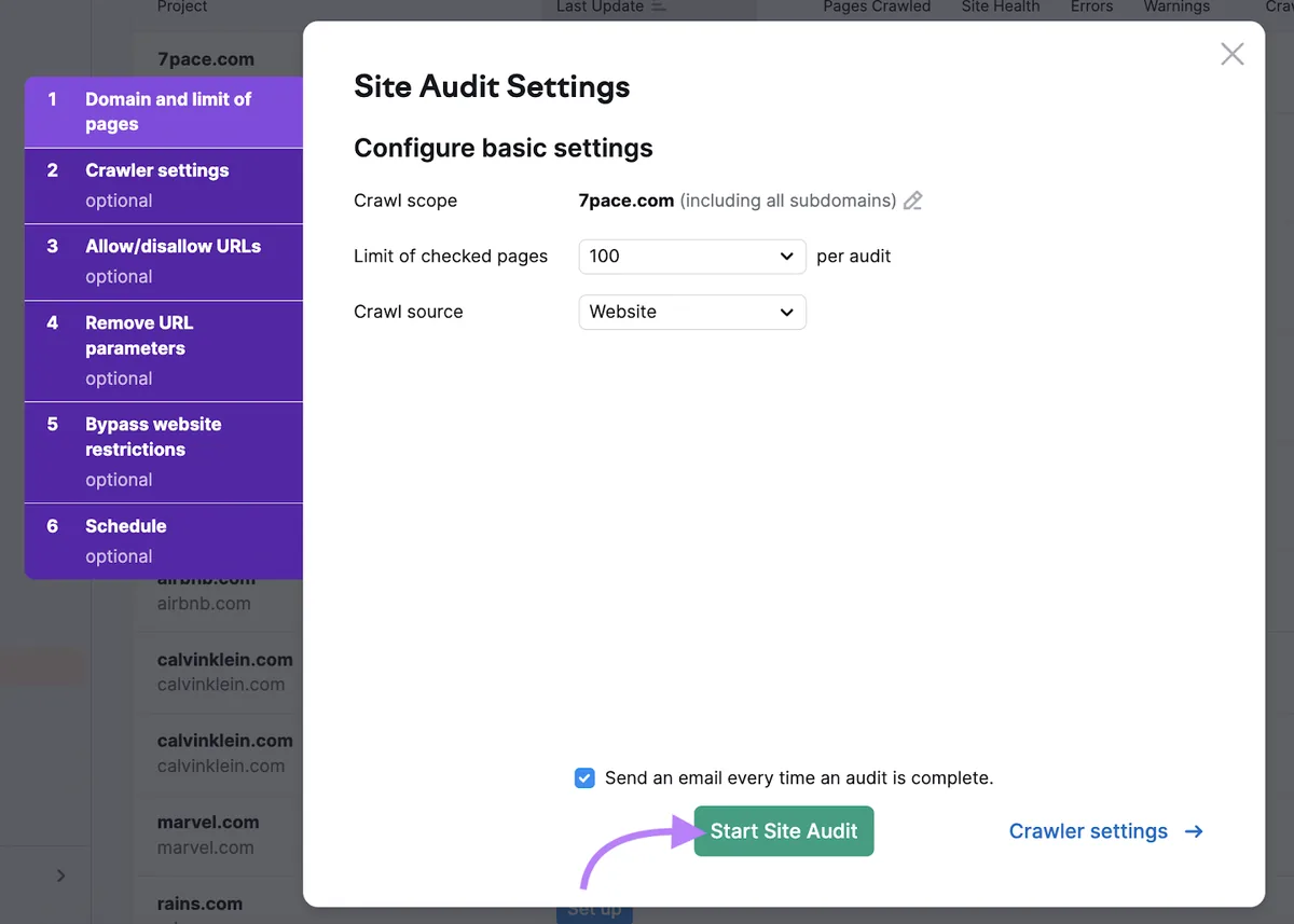 “Site Audit Settings”窗口