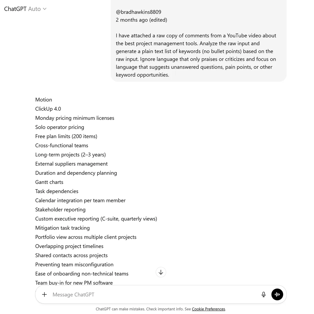 ChatGPT 根据粘贴的 YouTube 评论生成的关键词创意纯文本列表