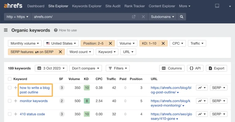 如何撰写博客文章大纲的重点提示,来自 Ahrefs 的 Keywords Explorer