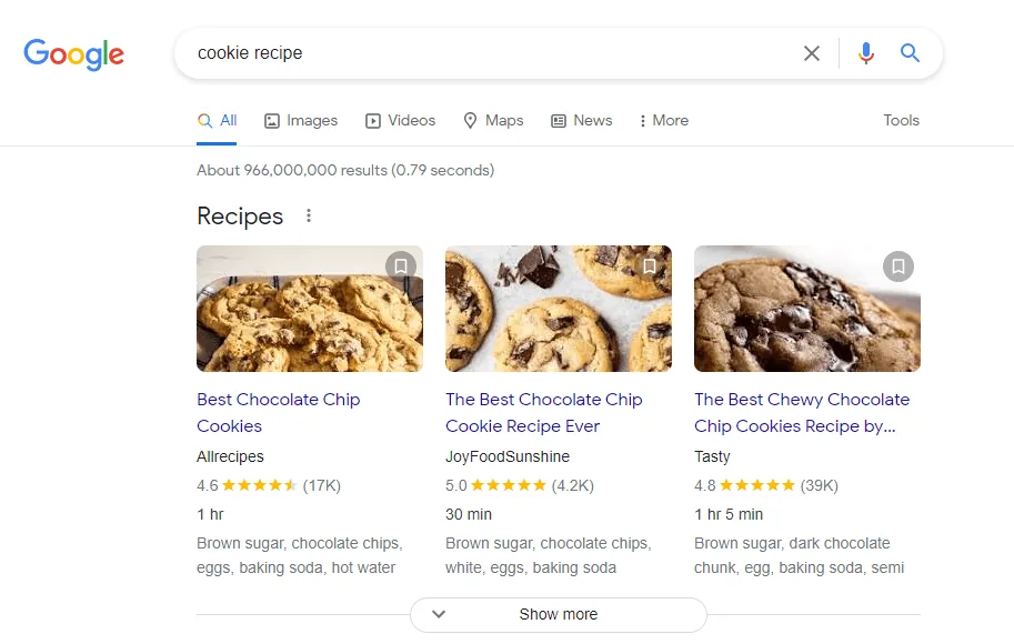带结构化数据的食谱结果