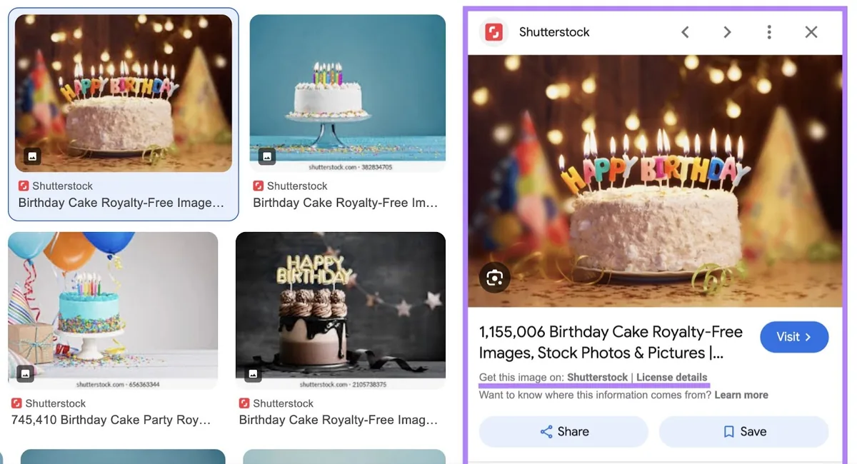 展开的 Google 生日蛋糕图片结果，显示你可以从 Shutterstock 获取该图片，并附有许可详情链接