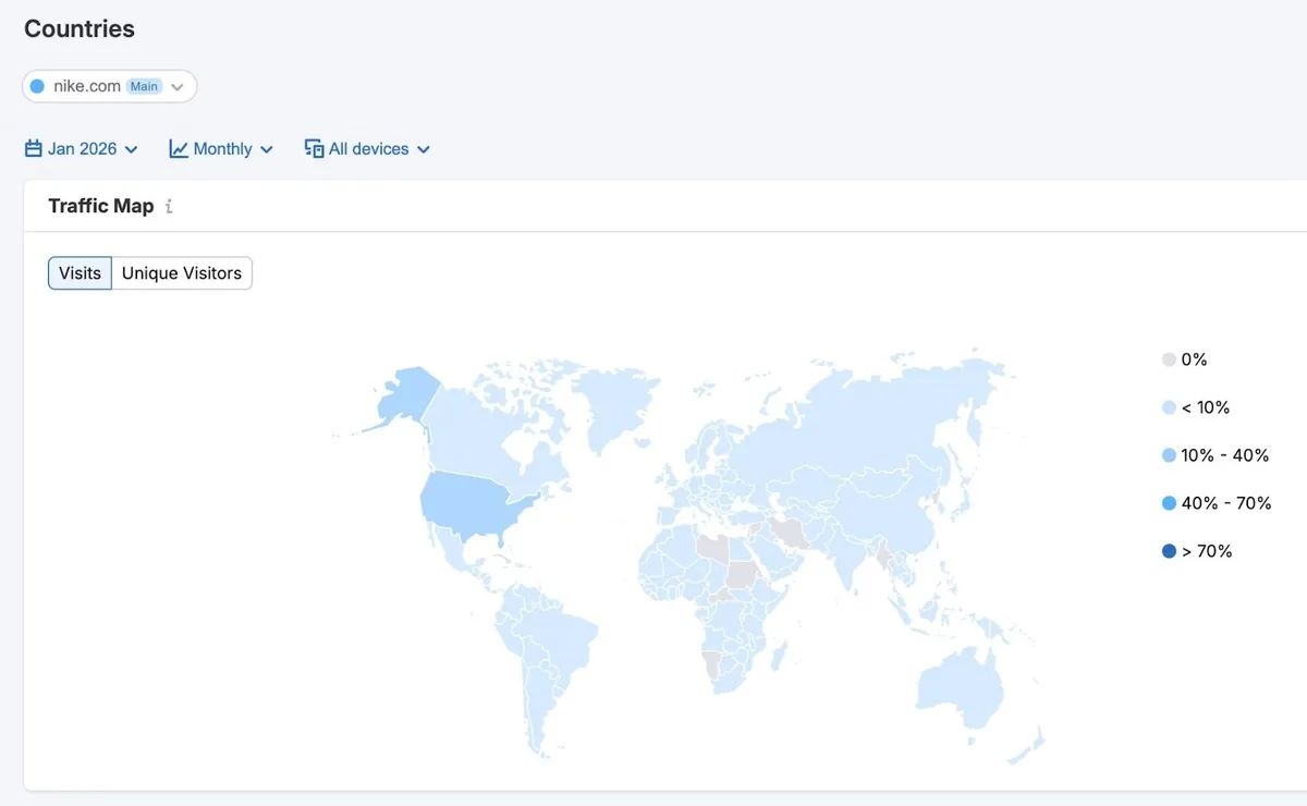 Countries 仪表盘上的“Traffic Map”报告，按地理区域显示某域名的网络流量。