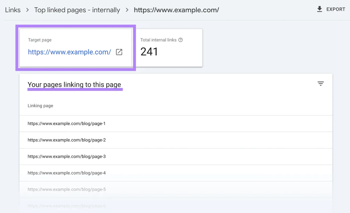 具体链接数据，显示“https://www.example.com”有 241 个内部链接