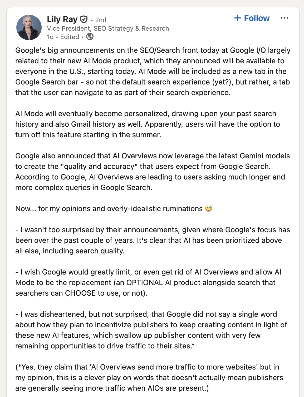 Lily Ray 在 LinkedIn 上回应 AI Mode 的推出
