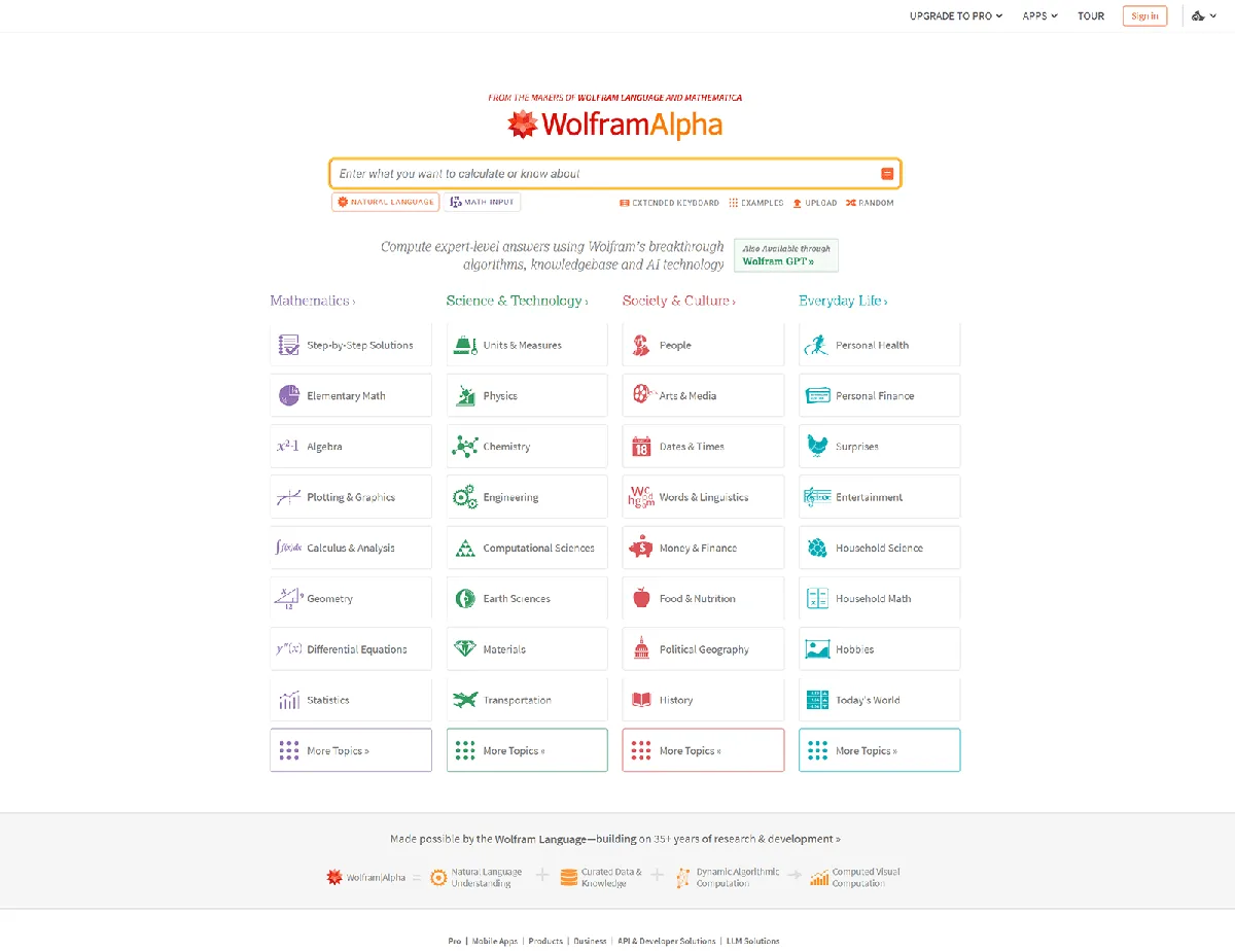 WolframAlpha 首页,含搜索栏和数学、科学、健康、金融等主题网格,用于数据驱动的回答。