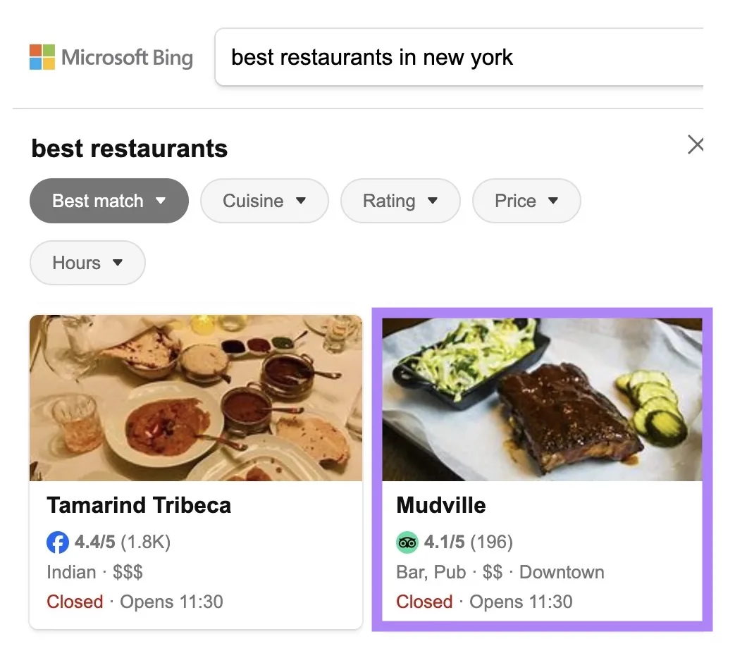 Bing 搜索结果页面直接从 Tripadvisor 商户信息中提取本地搜索结果。