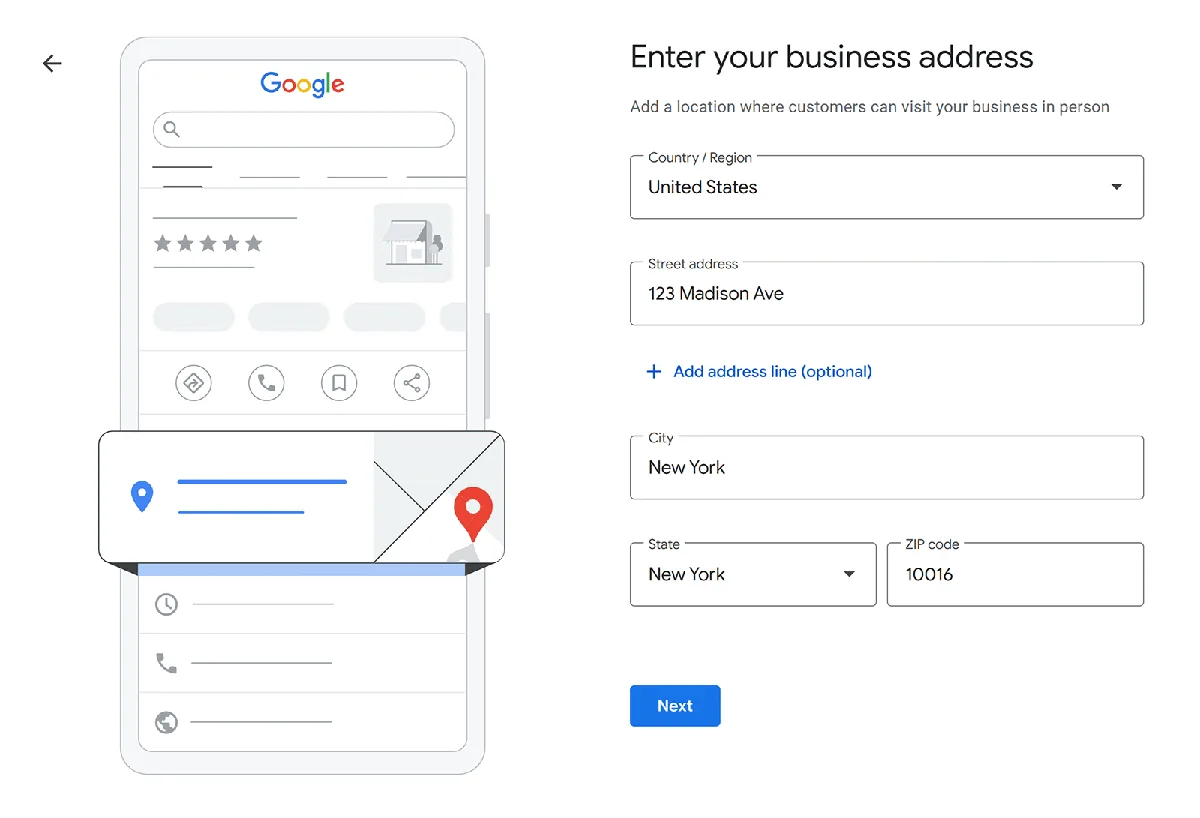 Google Business Profile 设置步骤要求填写商家地址,并显示示例地址