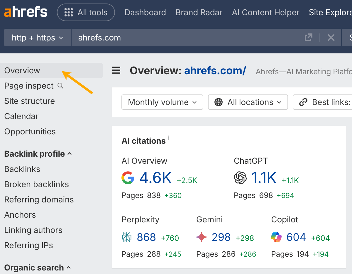 由两张截图合成的图片。上图显示 Ahrefs Site Explorer 概览,箭头指向“AI citations(AI 引用)”模块。下图显示“AI responses(AI 回应)”报告,其中指向 Ahrefs 的链接被高亮,揭示了这些引用的上下文。