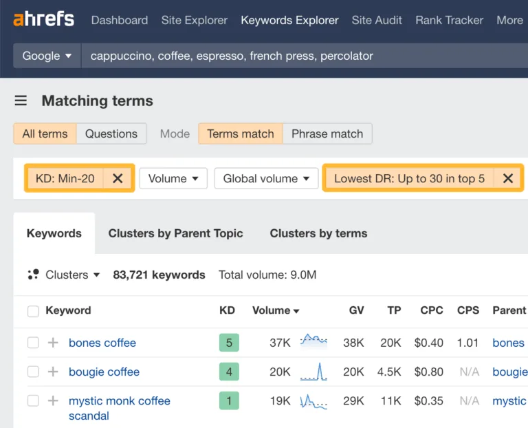 在 Ahrefs 的 Keywords Explorer 中筛选低难度关键词