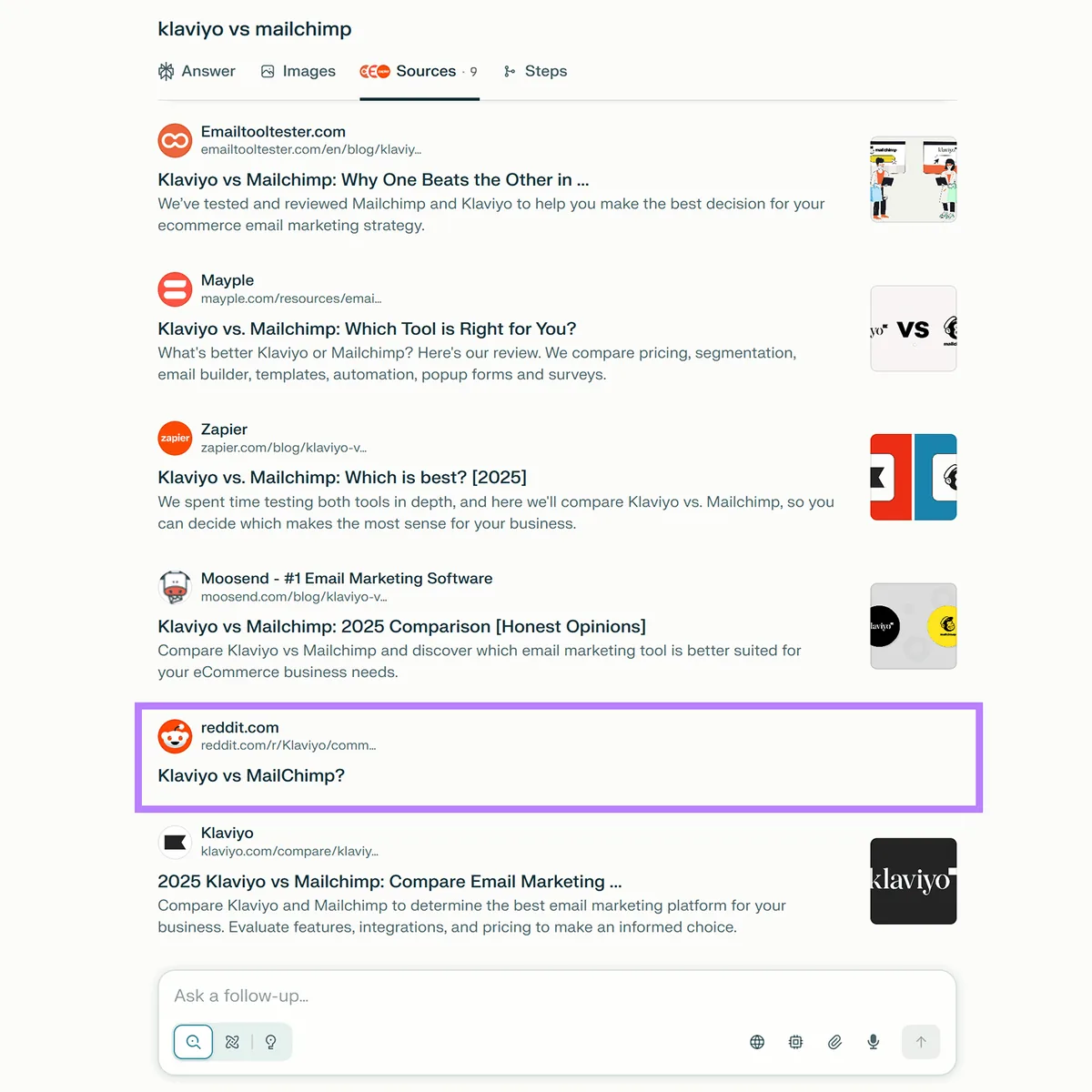 Perplexity AI 对“klaviyo vs mailchimp”的搜索结果,突出显示 Reddit 来源。