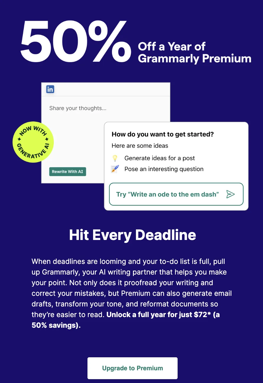 Grammarly 推广 Grammarly Premium 年费五折,行动号召为“升级到 Premium”