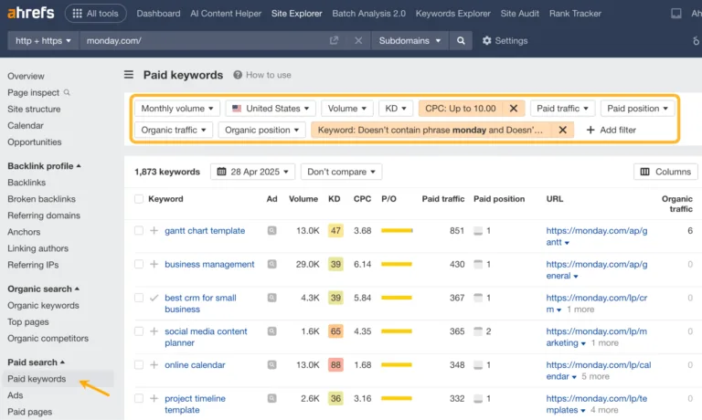 在 Paid keywords（付费关键词）报表中设置筛选条件。
