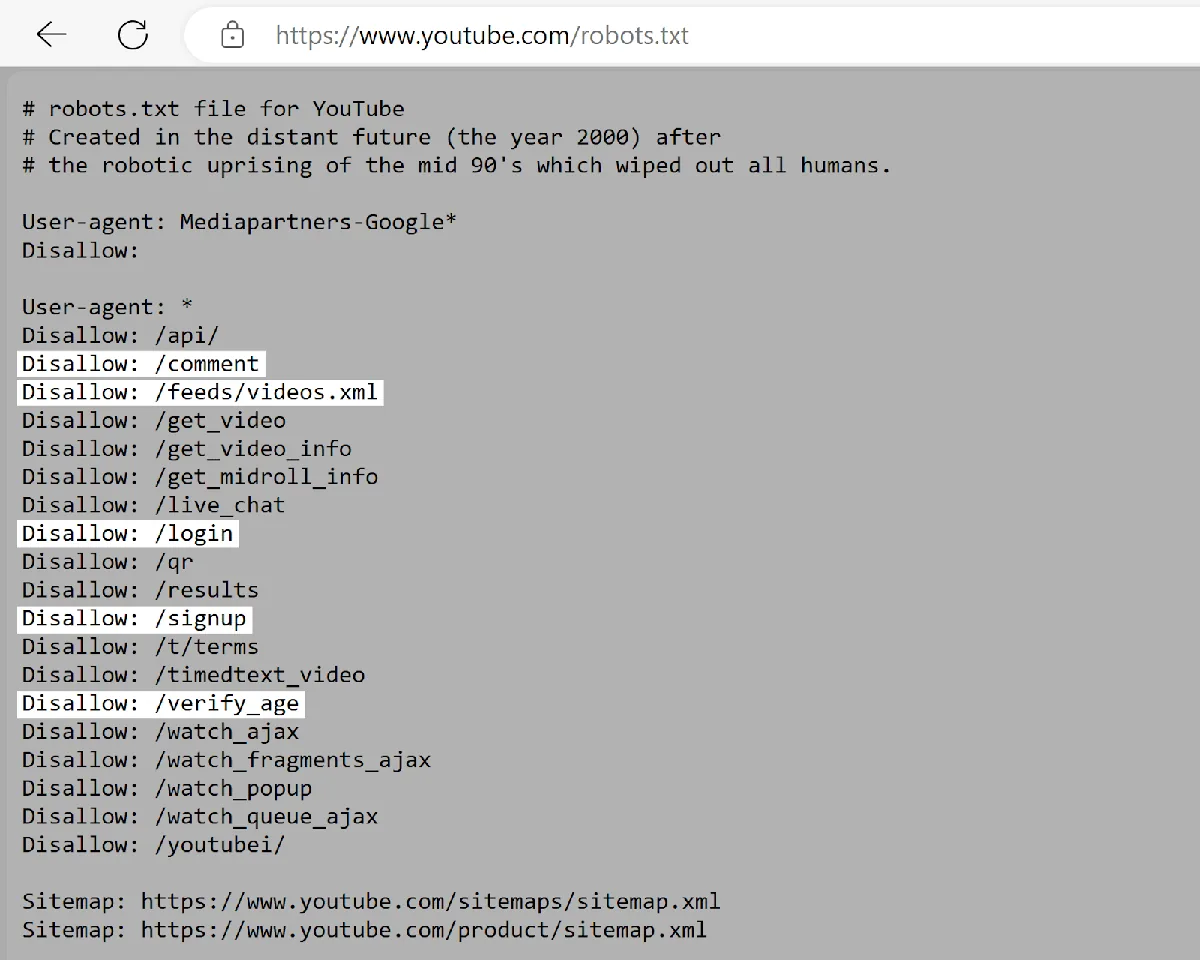 YouTube 的 robots.txt 文件禁止索引 /login、/signup、/verify_age 及其他页面
