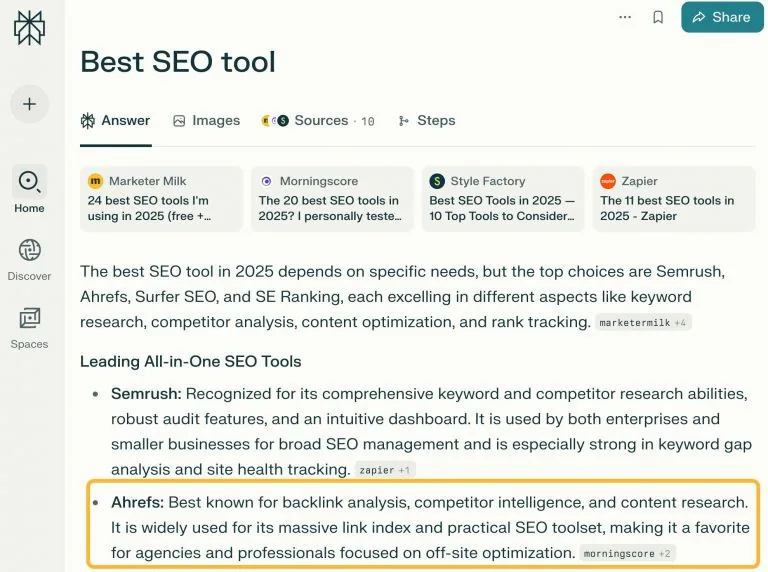 Perplexity 提到 Ahrefs 是最好用的 SEO 工具