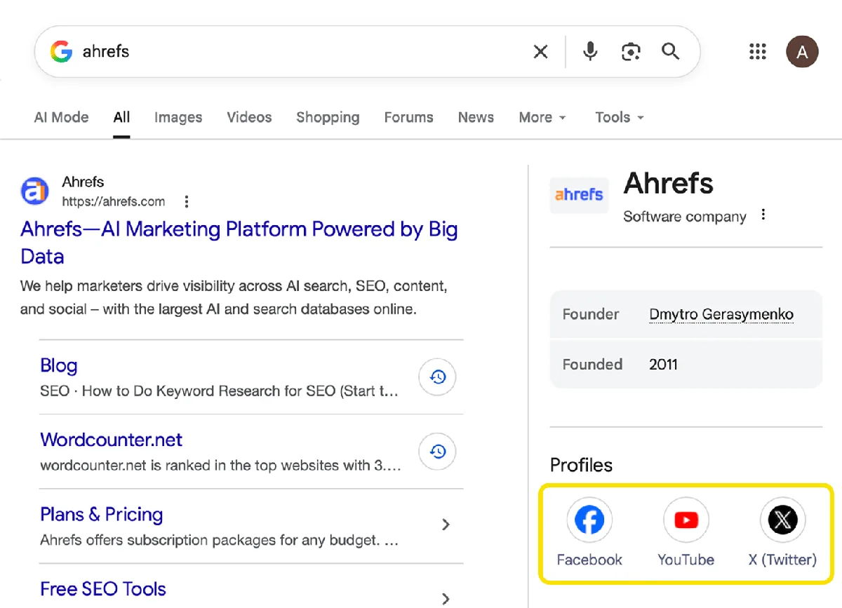 Google Knowledge Panel 截图,展示 Ahrefs 的社交资料链接